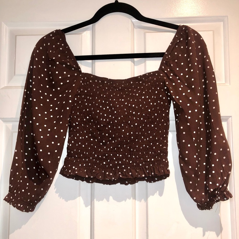 BNWT Garage Brown Polka Dot Women's Bubble Sleeve Blouse Top - XS - Picture 9 of 12